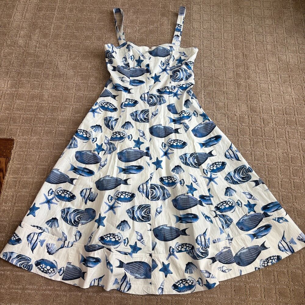 Avec Les Filles Fish Shells Print Corset Dress Womens 8 Blue White Resort Travel - Picture 2 of 11
